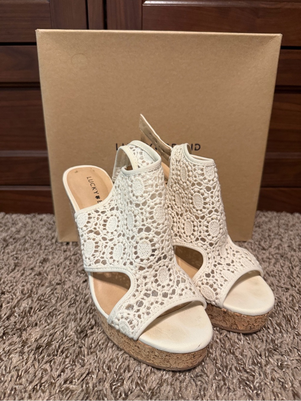 Lucky Brand Cream Crochet Cork Wedge Sandals